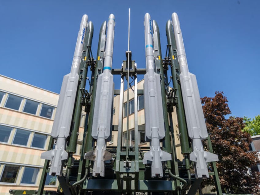 FILED - 26 May 2023, Baden-Württemberg, Überlingen: An Iris-T missile defense system stands on the premises of Diehl Defence in Überlingen. In the first half of 2023, the German government approved arms exports worth 5.22 billion euros, some 26 percent more than in the first six months of the previous …