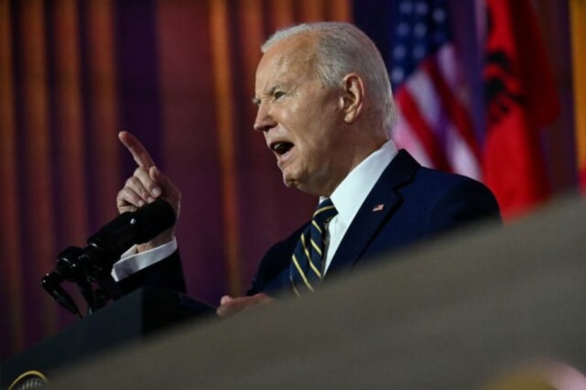 US President Joe Biden speaks during the NATO 75th Anniversary Celebratory Event at the Me