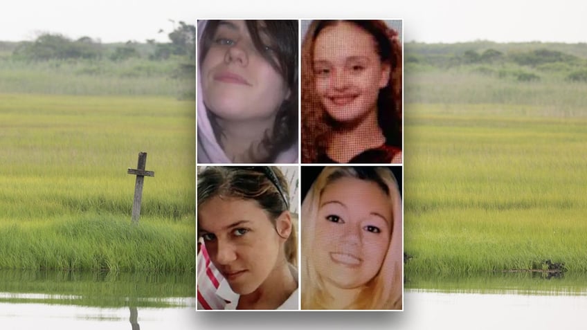 Portraits of the Gilgo Four victims inset over a wide shot of the marsh behind Gilgo Beach where they were found