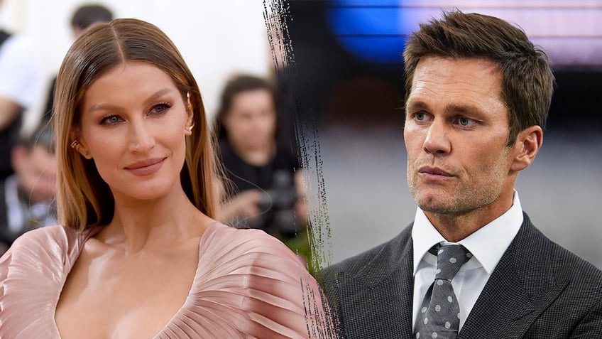 Gisele Bündchen in a mauvey pink satin dress looks to her left on the carpet split Tom Brady in a grey suit looks serious looking to his right