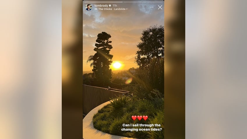 Tom Brady Instagram story of a sunset with lyrics to "Landslide" popping up and three red heart emojis