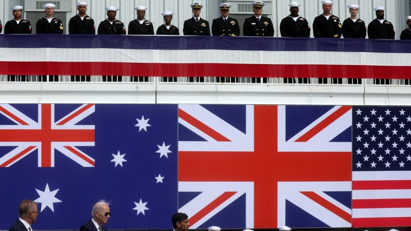 U.S. President Joe Biden, Australian Prime Minister Anthony Albanese and British Prime Minister Rishi Sunak deliver remarks on the Australia - United Kingdom - U.S. (AUKUS) partnership, after a trilateral meeting, at Naval Base Point Loma in San Diego, California U.S. March 13, 2023. REUTERS/Leah Millis