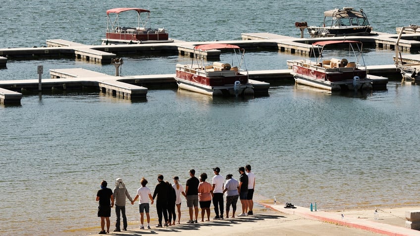 The Glee cast at the boat launch on Lake Piru