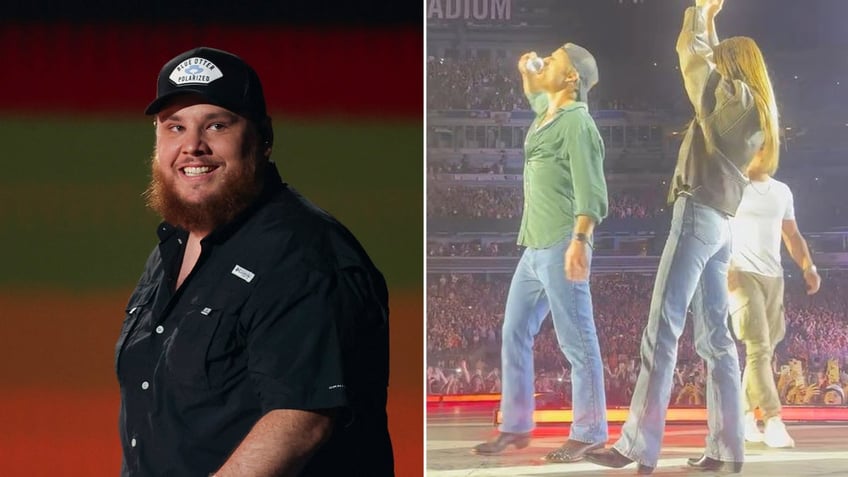 Glen Powell chugs a beer on stage at Luke Combs concert.