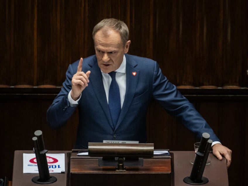 Designated Polish Prime Minister Donald Tusk gives a speech to present his programme to lawmakers at the Polish Parliament in Warsaw, Poland on December 12, 2023. Polish lawmakers will vote on the proposed new government of Donald Tusk, whose pro-EU administration is expected to garner enough support to put an …