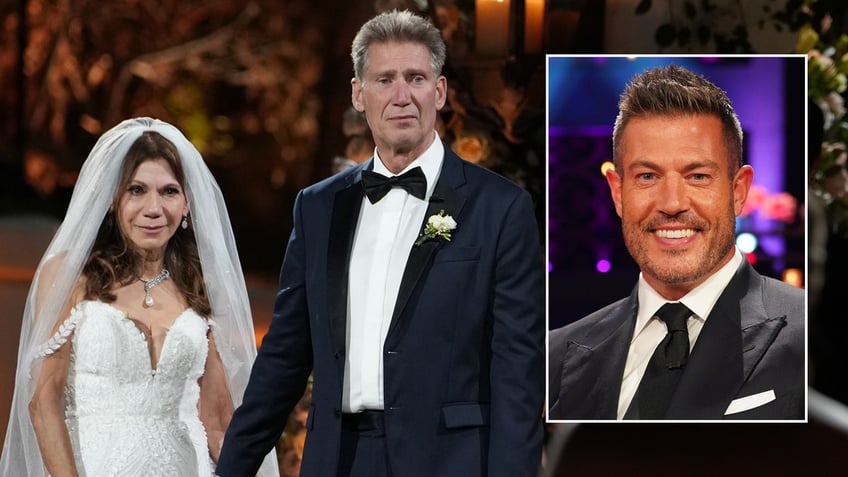 Jesse Palmer and Gerry Turner wear suits while Golden Bachelor winner Theresa Nist sports white bridal gown