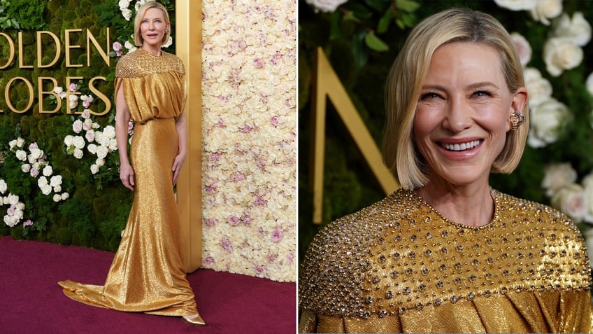 Cate Blanchett, nominated for her role in the miniseries "Disclaimer," walked the red carpet at the 2025 Golden Globe Awards in a shimmering gold gown.