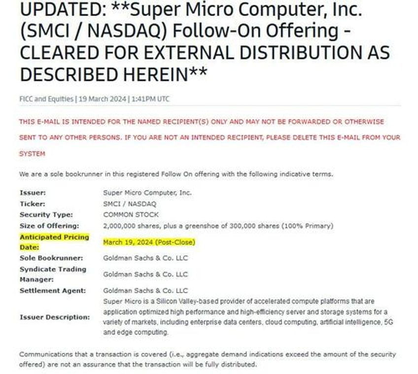 goldman leads supermicro stock offering just two weeks after initiating superbullish coverage on the stock