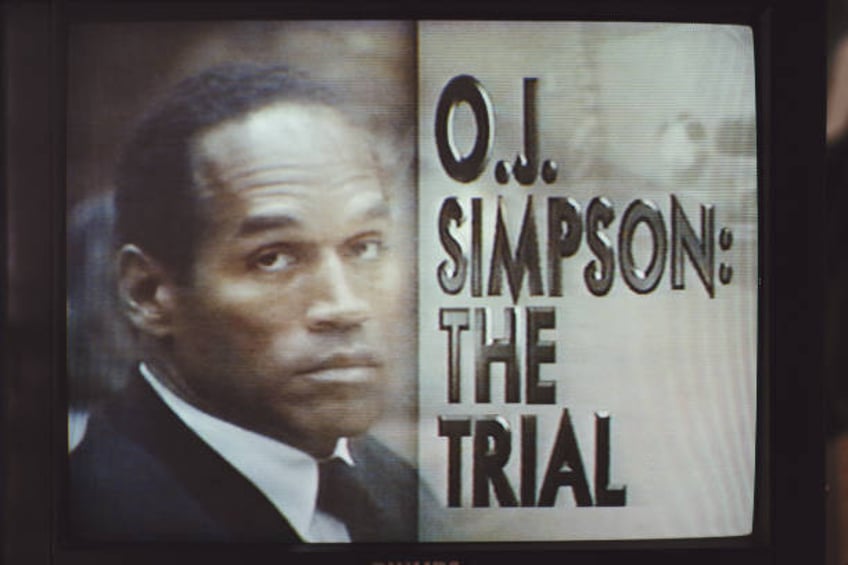 Screen showing the televised trial of O.J. Simpson for murder, September 1995.