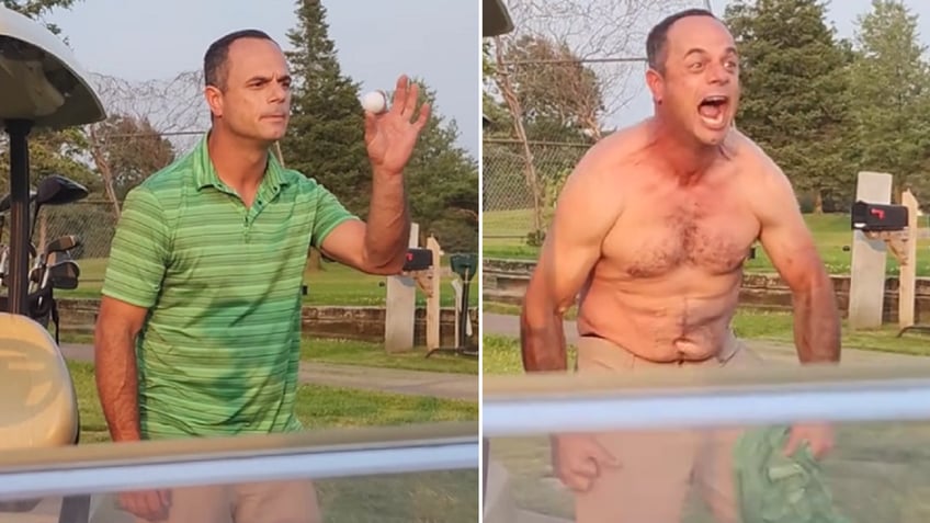 golfer rips off shirt flexes muscles and challenges another player to a fight in viral video