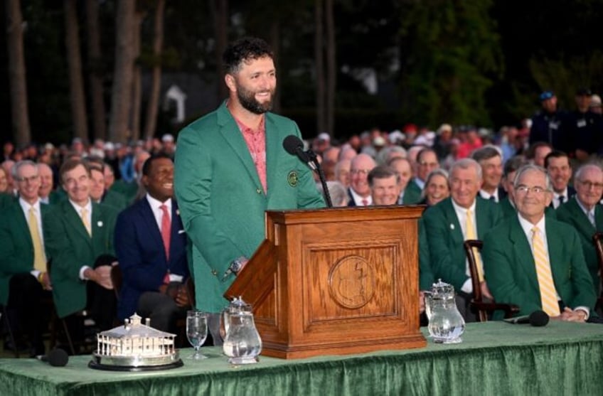 Jon Rahm of Spain speaks during the Green Jacket Ceremony after winning the 2023 Masters T