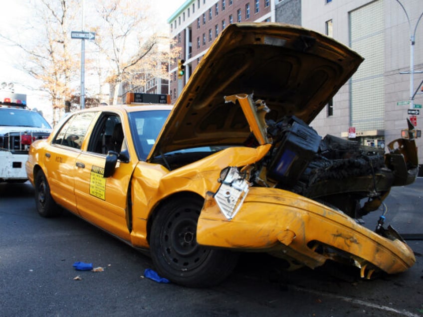 The innards of a crashed taxicab on Broadway and 115th St., New York City.