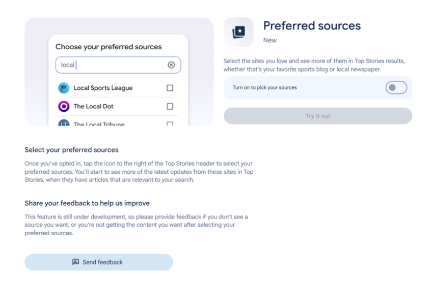 Google Preferred Sources Page