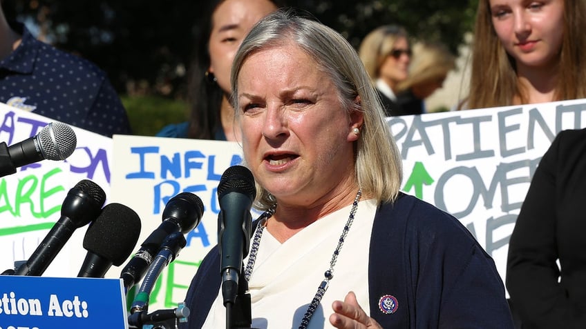 Rep. Susan Wild closeup shot speaking into microphone bouquet