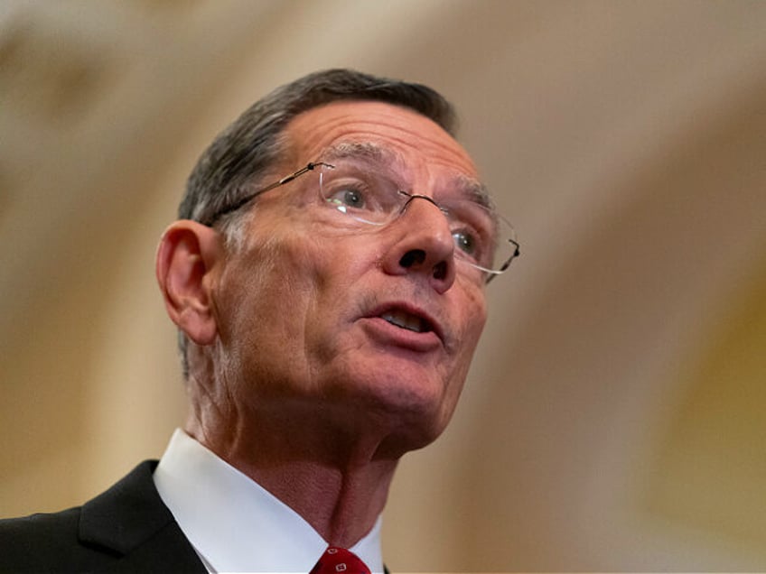 Sen. John Barrasso, R-Wyo., speaks to media after a Senate Republican policy luncheon, Tuesday, Oct. 17, 2023, on Capitol Hill in Washington. (AP Photo/Stephanie Scarbrough)