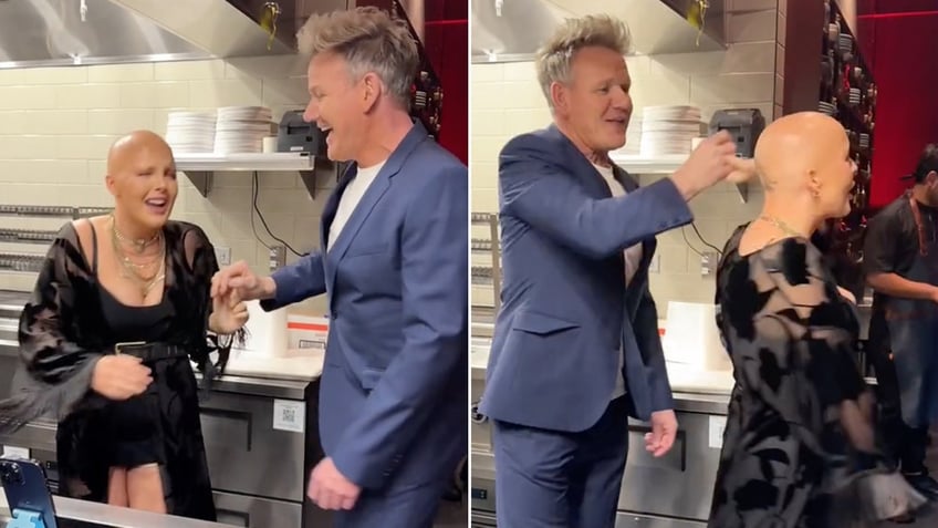 Gordon Ramsay in a blue suit twirls Maddy in a black dress