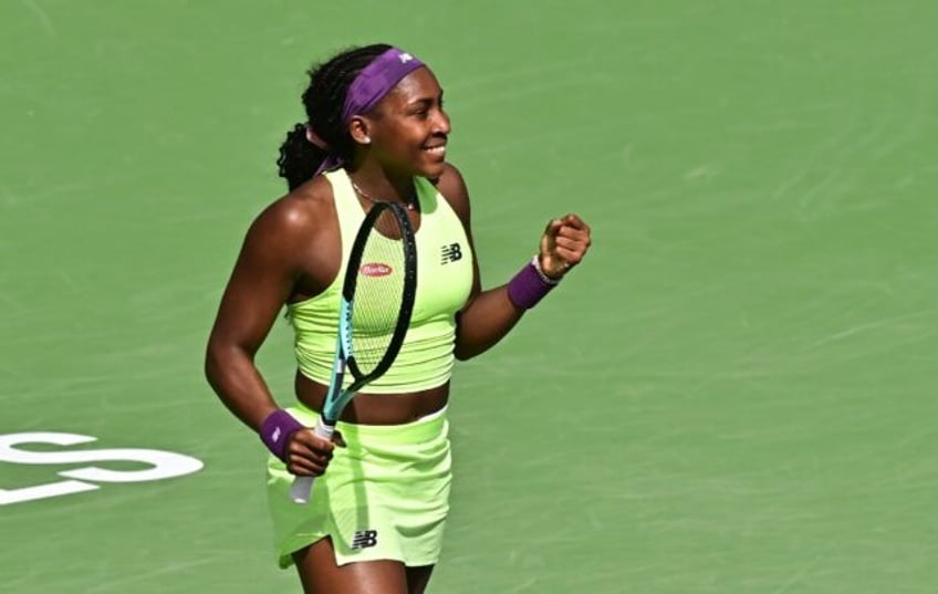 American Coco Gauff celebrates victory over Elise Mertens in the fourth round of the ATP-W