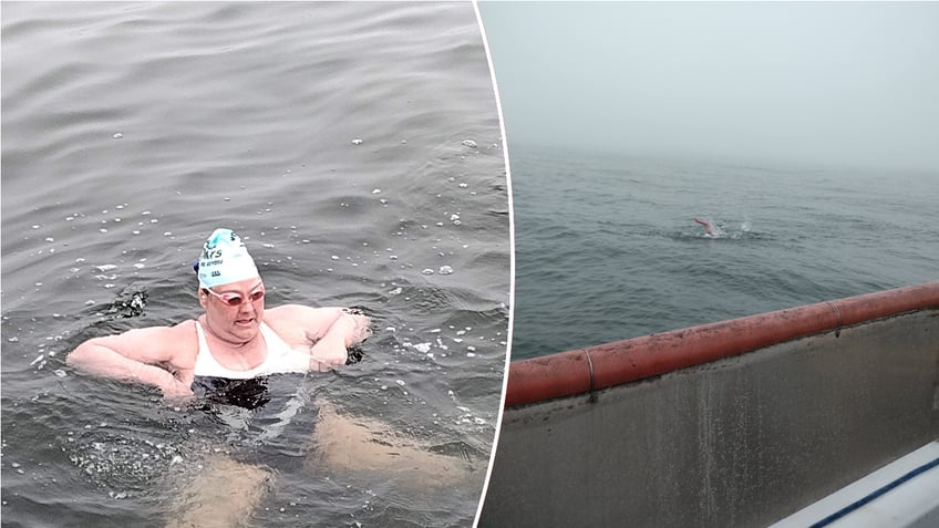 Split image of Amy in water and Amy swimming