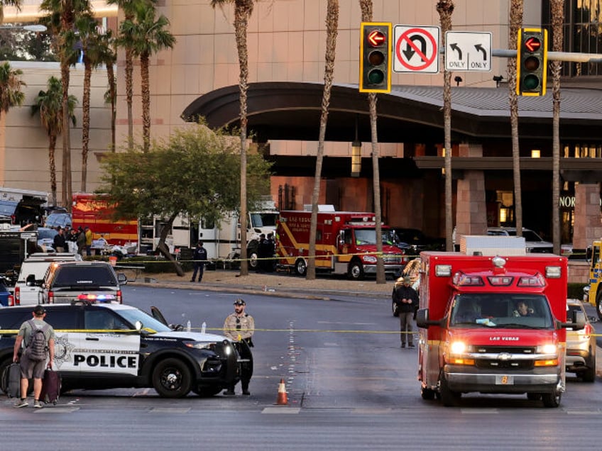 A Las Vegas Metropolitan Police Department vehicle blocks the road near the Trump Internat