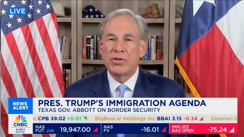 Texas Gov. Greg Abbott says illegal border crossings that were in the thousands under former President Joe Biden are now shrinking to single digits under President Donald Trump. (Photo: CNBC screenshot)