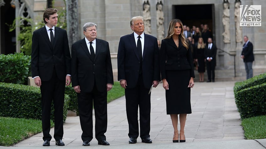 Former President Donald Trump attends the funeral of mother-in-law Amalija Knavs alongside his wife Melania, son Barron, and father-in-law Viktor Knav