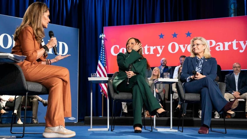 Vice President Kamala Harris sits with former U.S. Rep. Liz Cheney (R-WY) for a town hall with Maria Shriver at the Royal Oak Music Theatre on October 21, 2024 in Royal Oak, Michigan, United States. (Photo by Sarah Rice/Getty Images)