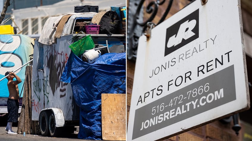 Homeless man next to for rent sign