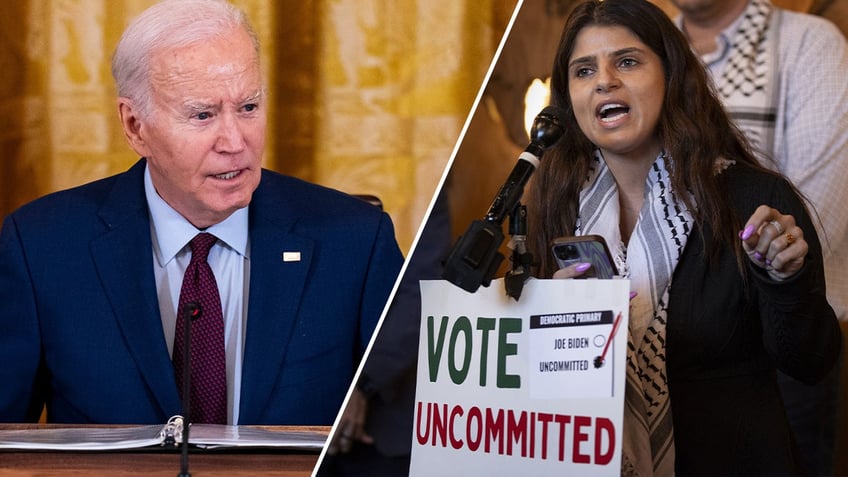 left split: President Biden, right split activist Lexis Zeidan