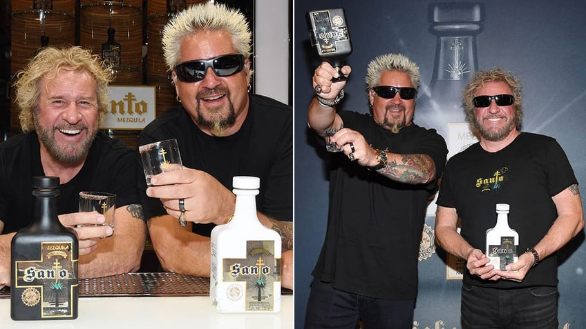 sammy hagar and guy fieri posing with bottles of santos at table and on red carpet