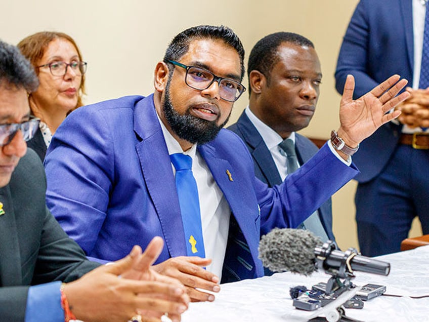 Guyana's President Irfaan Ali speaks during a press conference in Argyle, St. Vincent, Dec