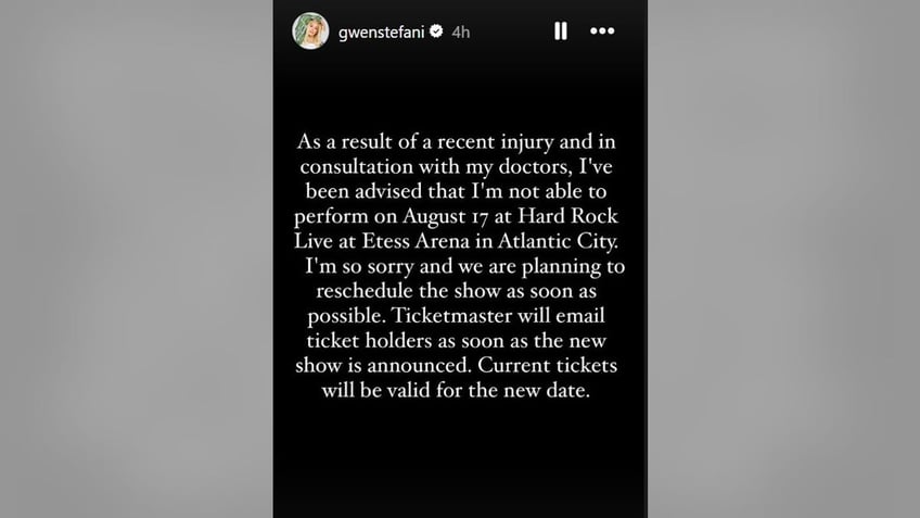 gwen stefani note on ig canceling her concert