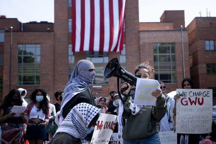 gwu anti israel protesters call to liberate world from colonialism white supremacy as us flag replaced with palestinian one