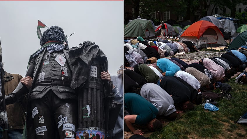 George Washington statue and students protestors at GWU split image