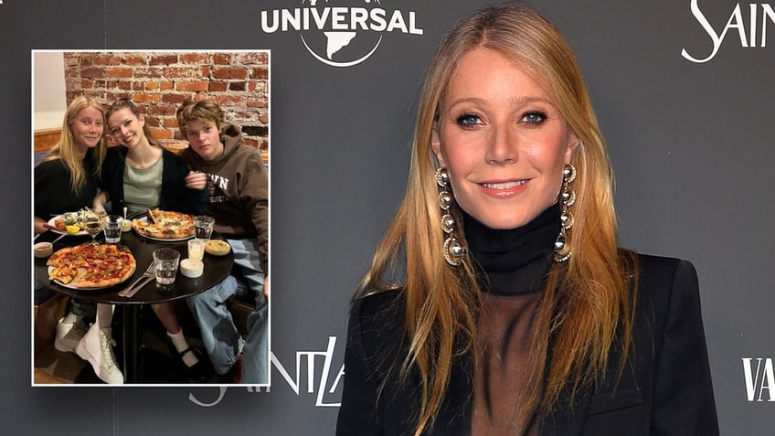 Gwyneth Paltrow on the red carpet with inset of her with her kids.