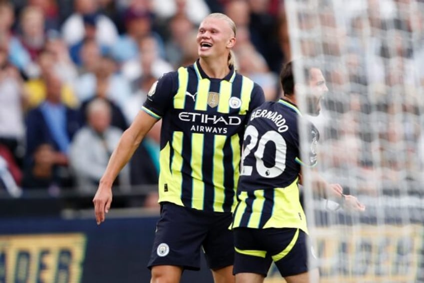 Manchester City's Erling Haaland celebrates after scoring against West Ham