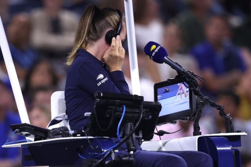 Moment of controversy: Chair umpire Miriam Bley conducts the video review