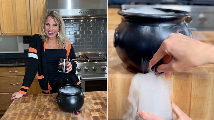 Mackenzie Biehl poses with a glass of wine she poured out of a plastic cauldron filled with a fog effect she created using dry ice.