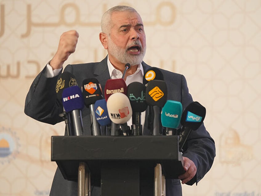 Hamas political chief Ismail Haniyeh makes a speech during the 12th conference on Jerusalem entitled, "The Vanguards of Jerusalem hold its Sword," in Istanbul, Turkey on December 2, 2021. (Photo by Omer Ensar/Anadolu Agency via Getty Images)