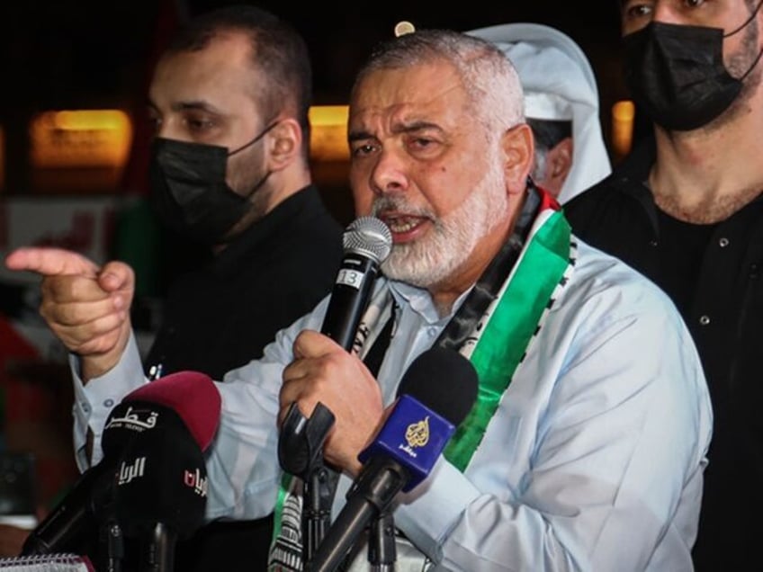 5 May 2021, Qatar, Doha: Hamas' political bureau chief Ismail Haniyeh speaks during a rally held in solidarity with Palestinians outside Doha's Imam Muhammad Abdel-Wahhab Mosque, amid the escalating flare-up of Israeli-Palestinian violence. Photo: Mahmoud Hefnawy/dpa (Photo by Mahmoud Hefnawy/picture alliance via Getty Images)