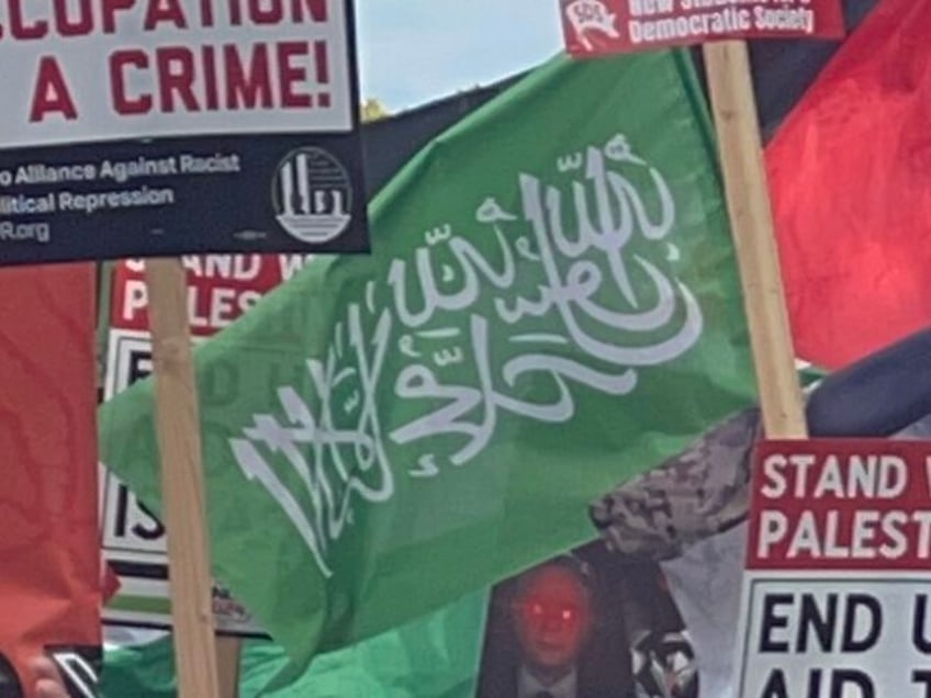 hamas flag flown at front of pro palestinian march at dnc in chicago