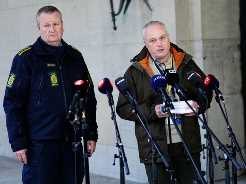 Chief police inspector and operational chief of intelligence service PET, Flemming Drejer (R) and senior police inspector and head of emergency services in Copenhagen Police, Peter Dahl hold a press briefing on a coordinated police action, at the police station in Copenhagen, on December 14, 2023. Danish police and the …