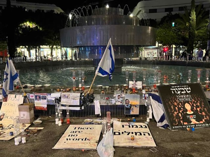 A makeshift memorial and monument to the victims and hostages of the October 7 terror attack. Dizengoff Fountain, Tel Aviv, Israel (Joel Pollak / Breitbart News)