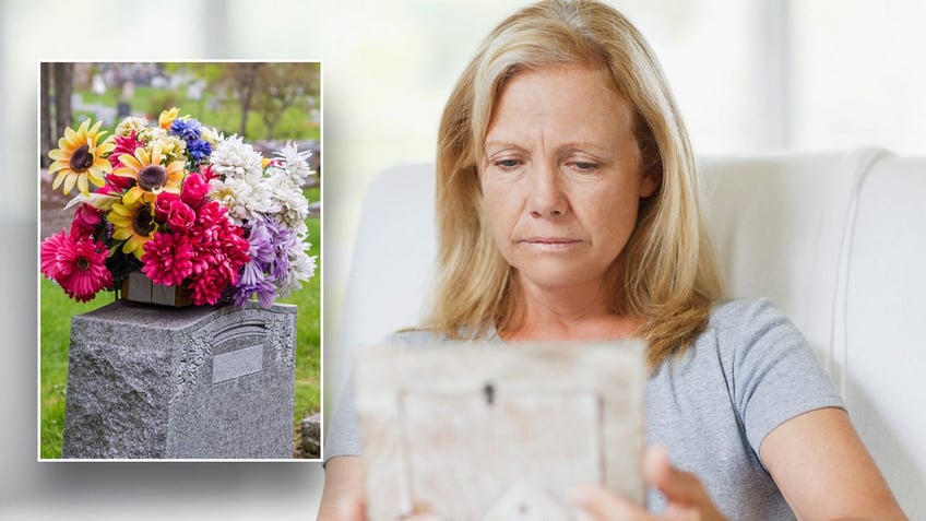 Sad woman and gravestone