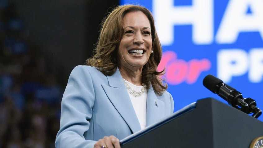 Kamala Harris closeup shot at podium