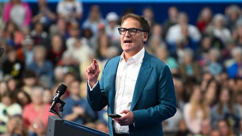 Entrepreneur Mark Cuban speaks at a campaign event for Vice President Kamala Harris at University Wisconsin-La Crosse in La Crosse, Wisconsin, on Oct. 17, 2024. 