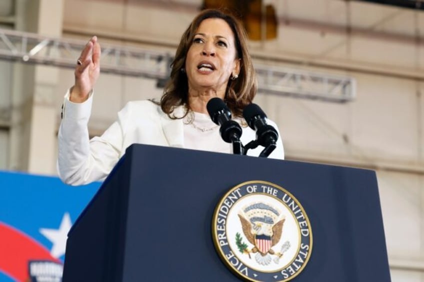 US Vice President and Democratic presidential candidate Kamala Harris speaks during a camp