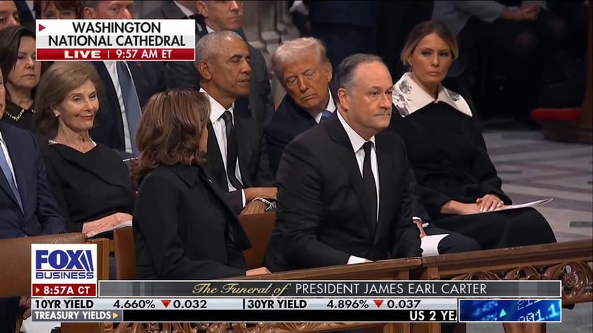 Kamala Harris with husband in front of Obama, Trumps