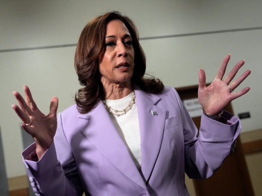 Democratic presidential nominee Vice President Kamala Harris gives remarks at the Sheraton