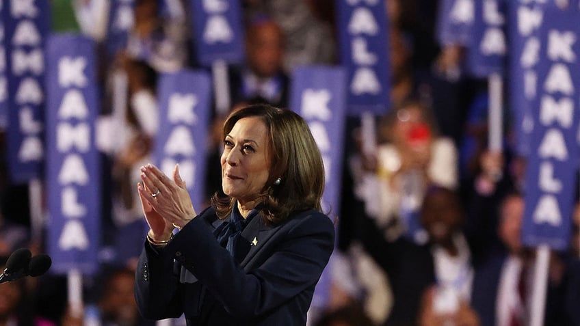 Kamala Harris on DNC stage, closeup shot