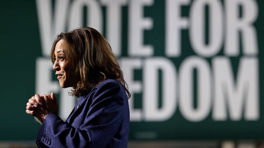 Kamala Harris profile shot speaking at rally